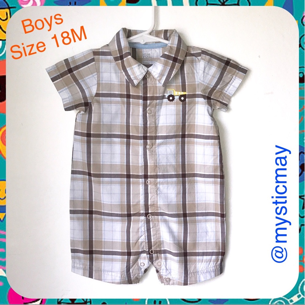CARTER’S Boys Brown Plaid Construction Truck 1-Piece Play Romper Baby Size 18M